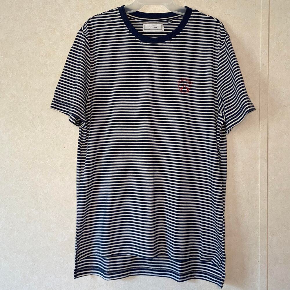 Five Four Mens Round Neck Short Sleeve T Shirt Gray and Blue Stripes Size Medium